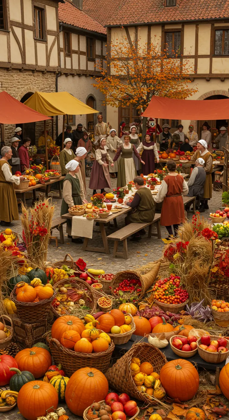 Marché de la moisson avec une abondance de citrouilles, de pommes et de blé.