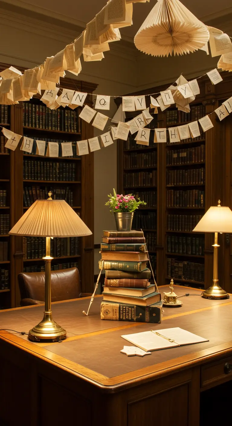Décoration d'anniversaire dans une bibliothèque avec des guirlandes en papier.