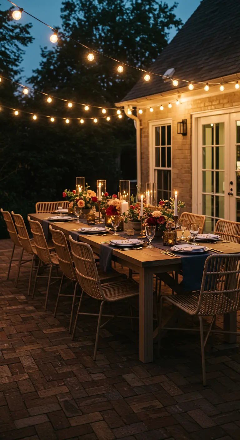 Longue table de fête en plein air illuminée par des guirlandes lumineuses la nuit.