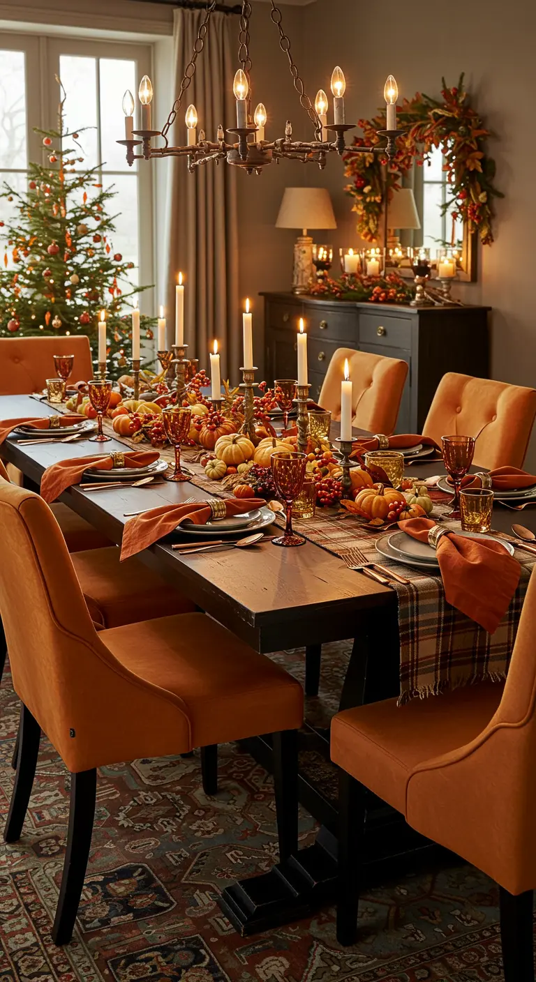 Salle à manger décorée pour l'automne/Noël avec une table ornée de citrouilles, de baies et de bougies.