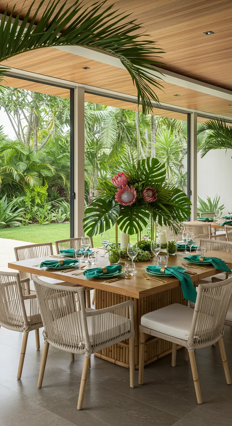 Salle à manger tropicale avec table en bois, chaises en rotin et grandes feuilles de monstera.