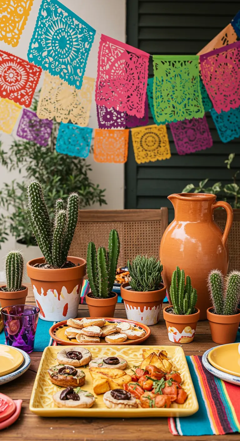 Table de fête mexicaine avec guirlande en papier découpé et cactus en pot.