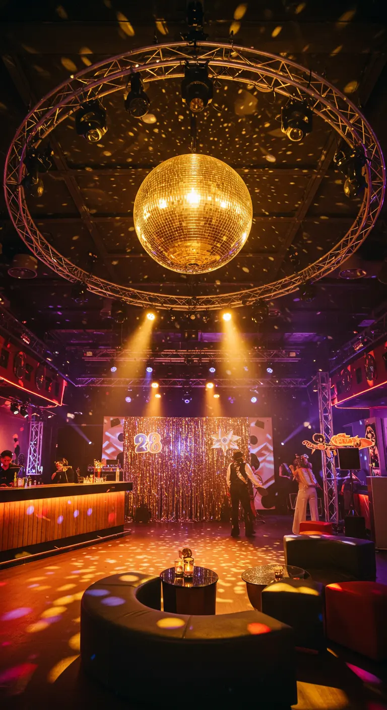 Immense boule à facettes dorée projetant de la lumière dans une boîte de nuit.