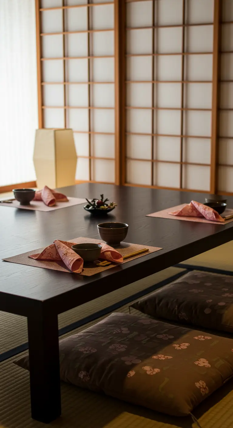 Table basse japonaise avec des serviettes à motifs pliées en forme de nœud.