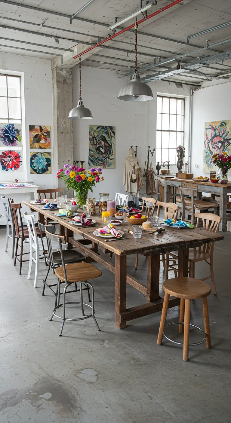 Serviette pliée en fleur éclectique sur une grande table en bois dans un loft d'artiste