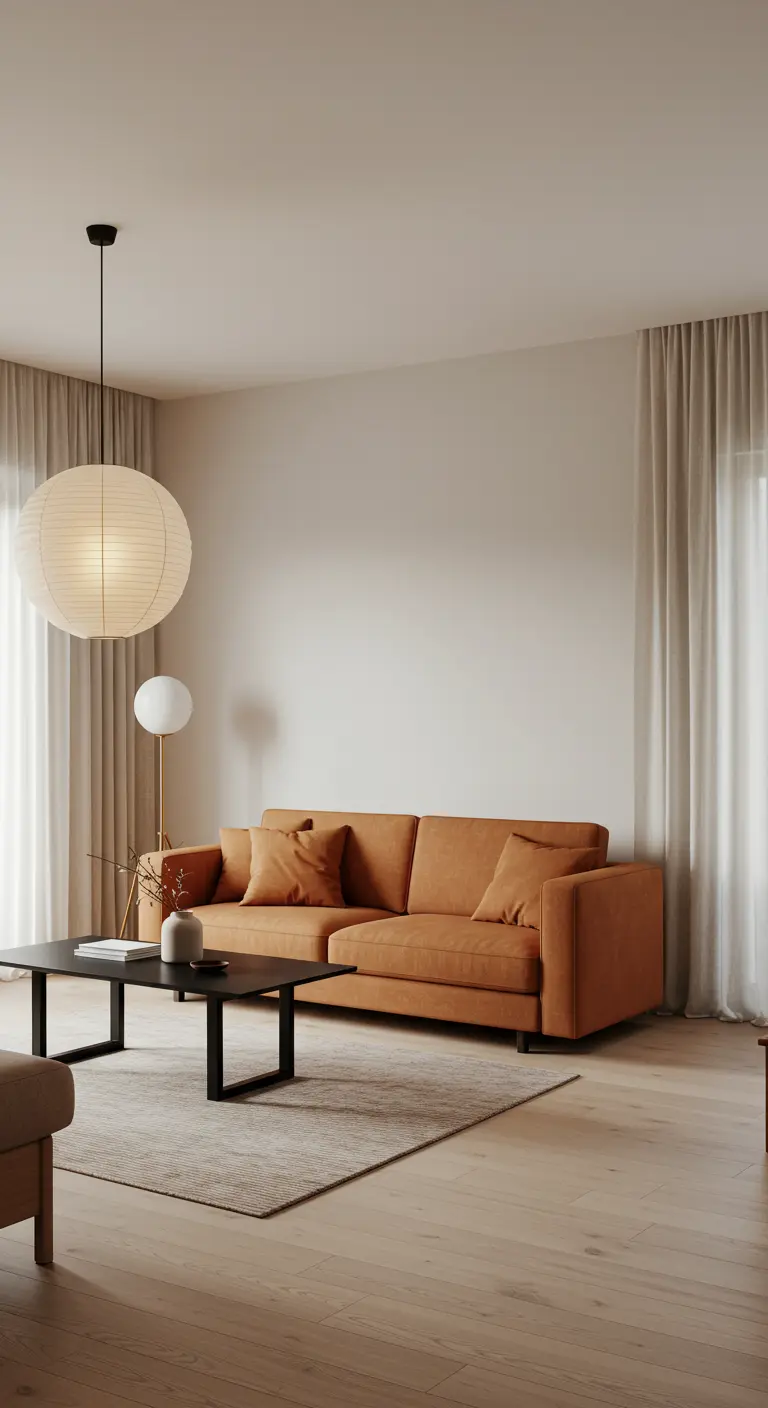 Salon minimaliste avec un canapé terracotta, une table basse noire et une suspension boule.