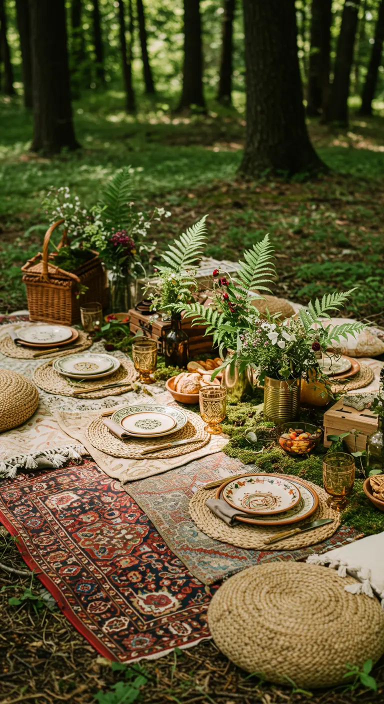 Pique-nique bohème en forêt avec tapis superposés, fougères, vaisselle vintage et coussins en jute.