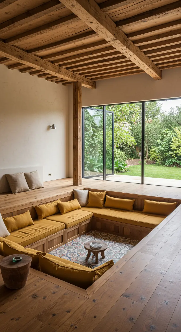Fosse de conversation en bois avec coussins ocre et carrelage au centre.