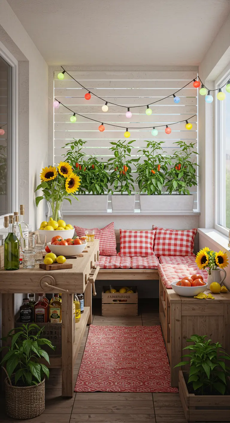 Balcon de style rustique avec un établi, des plantes de piments et des coussins à carreaux.
