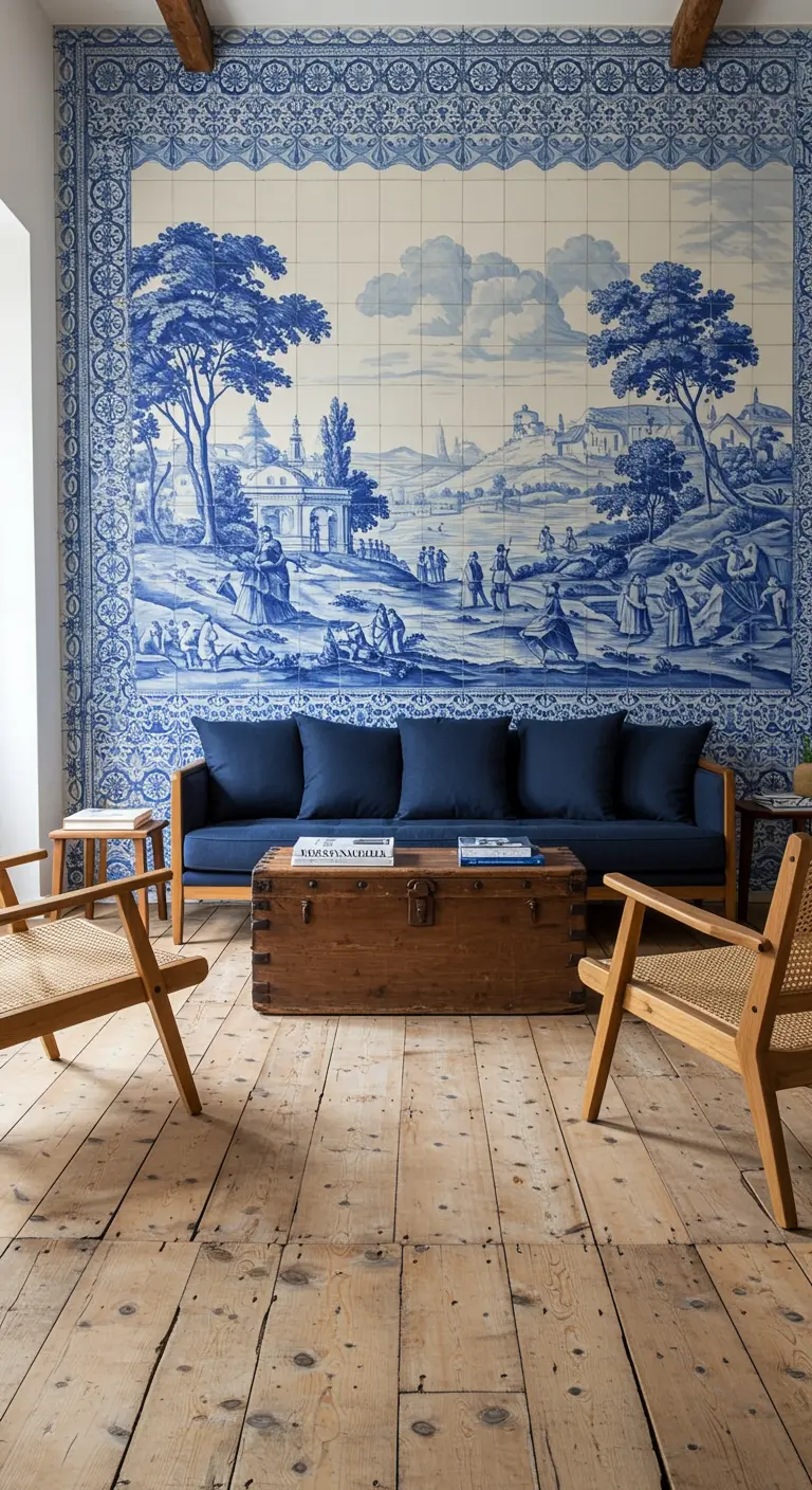 Salon avec un mur entier de carreaux azulejos bleus et blancs et un canapé bleu.