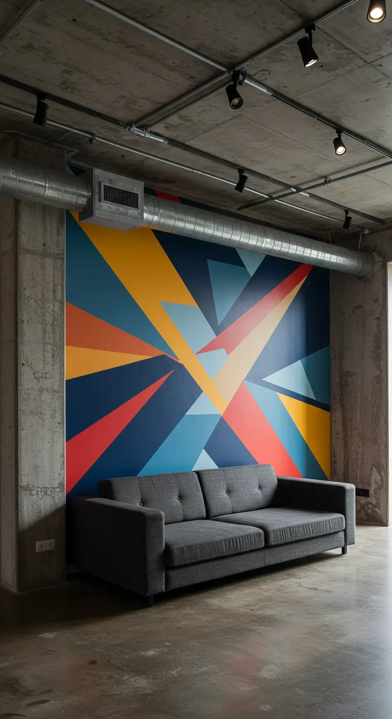 Mur d'accent avec une fresque géométrique colorée derrière un canapé gris dans un loft industriel.