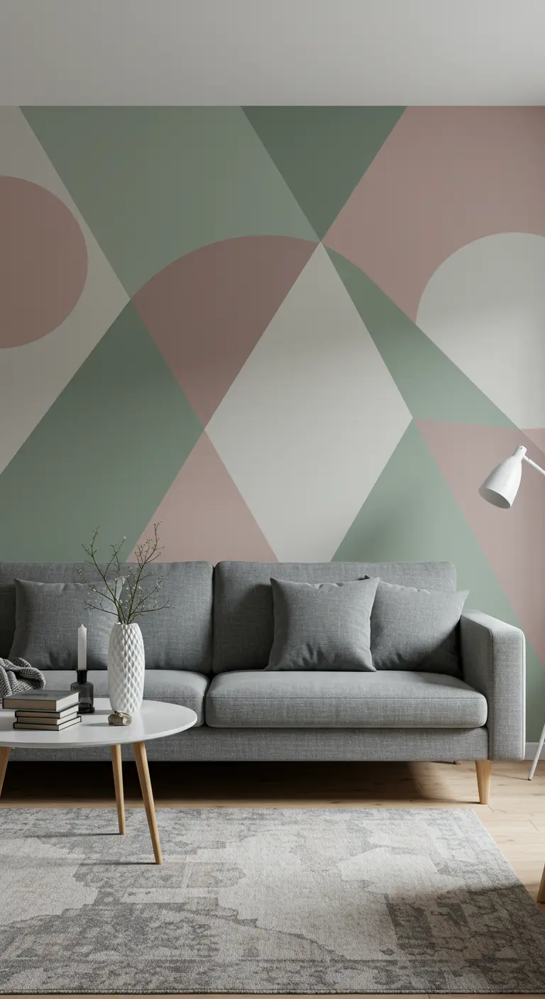 Mur d'accent avec un motif géométrique peint en vert, rose et blanc derrière un canapé gris.