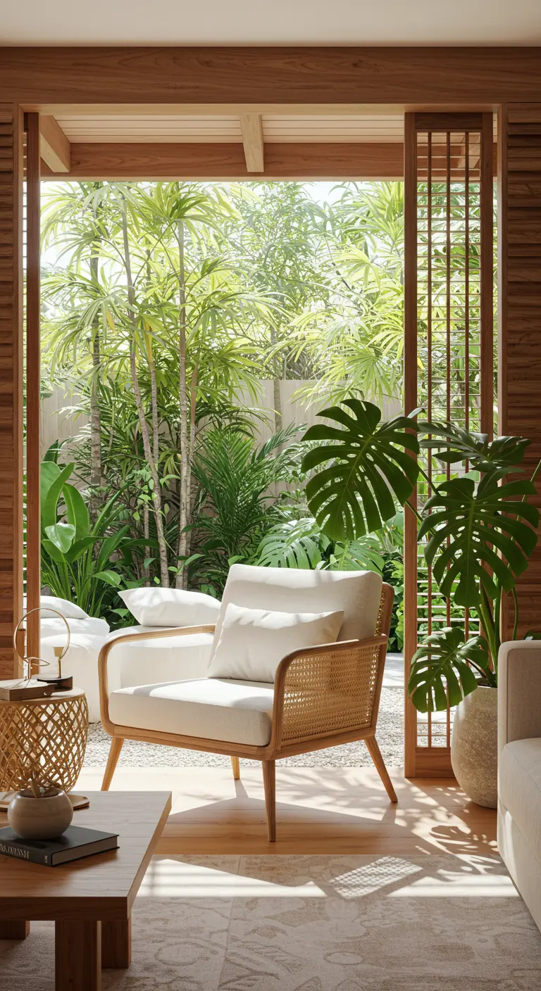 Fauteuil en rotin et bois clair dans un espace ouvert sur un jardin luxuriant.