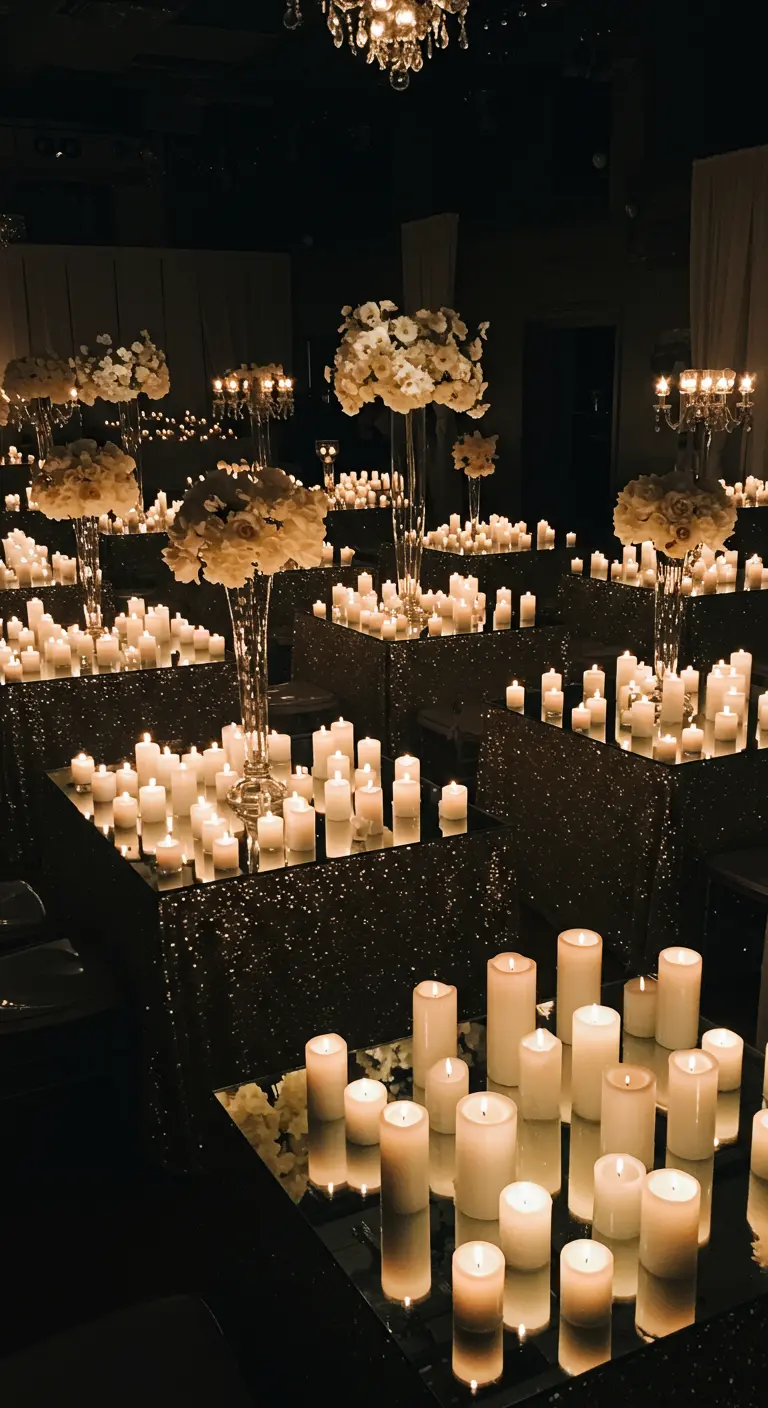 Salle de réception sombre illuminée par des centaines de bougies sur des tables miroitantes.