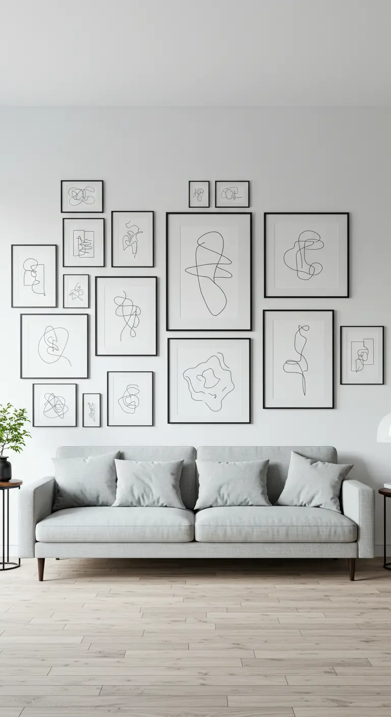Mur de galerie avec de nombreux cadres noirs présentant des dessins au trait minimalistes.