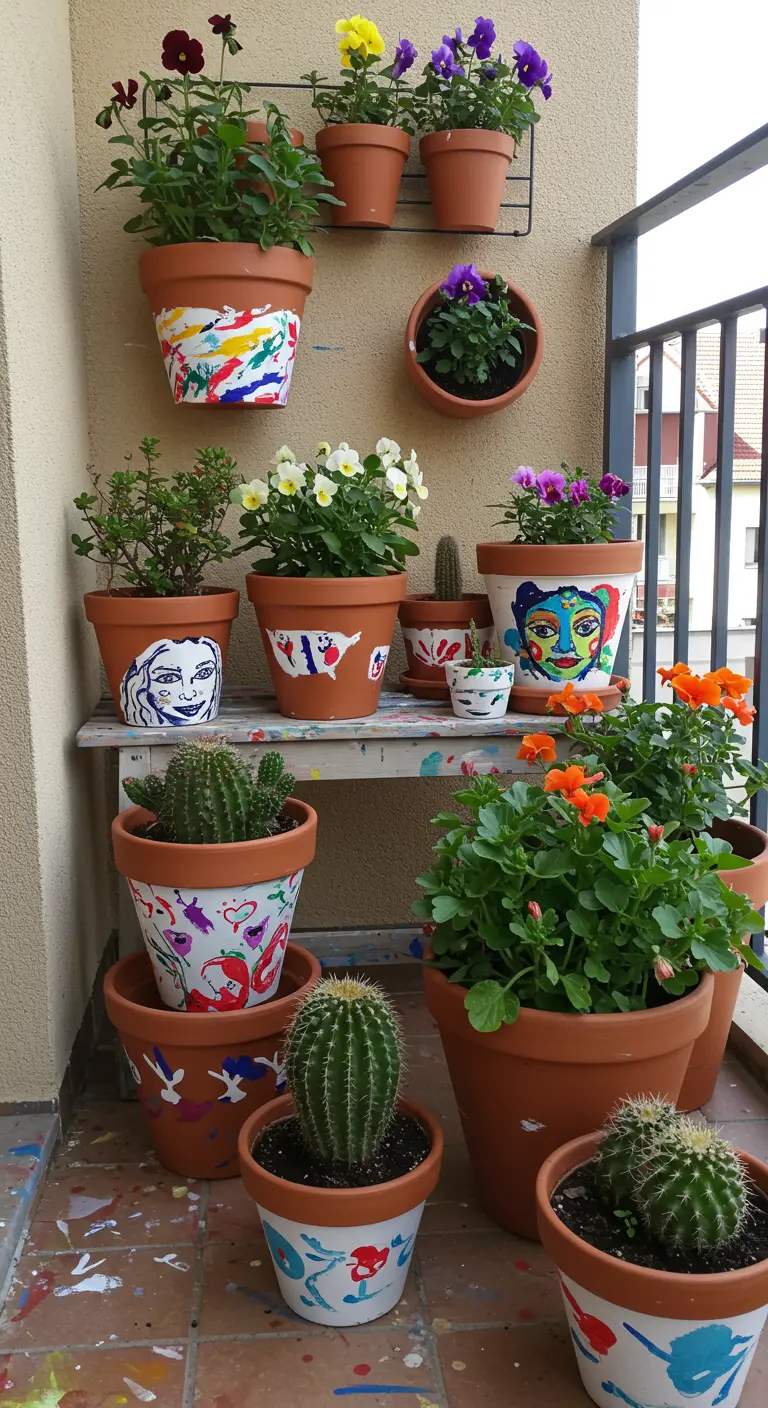 Balcon rempli de pots en terre cuite peints avec des visages et des motifs abstraits.