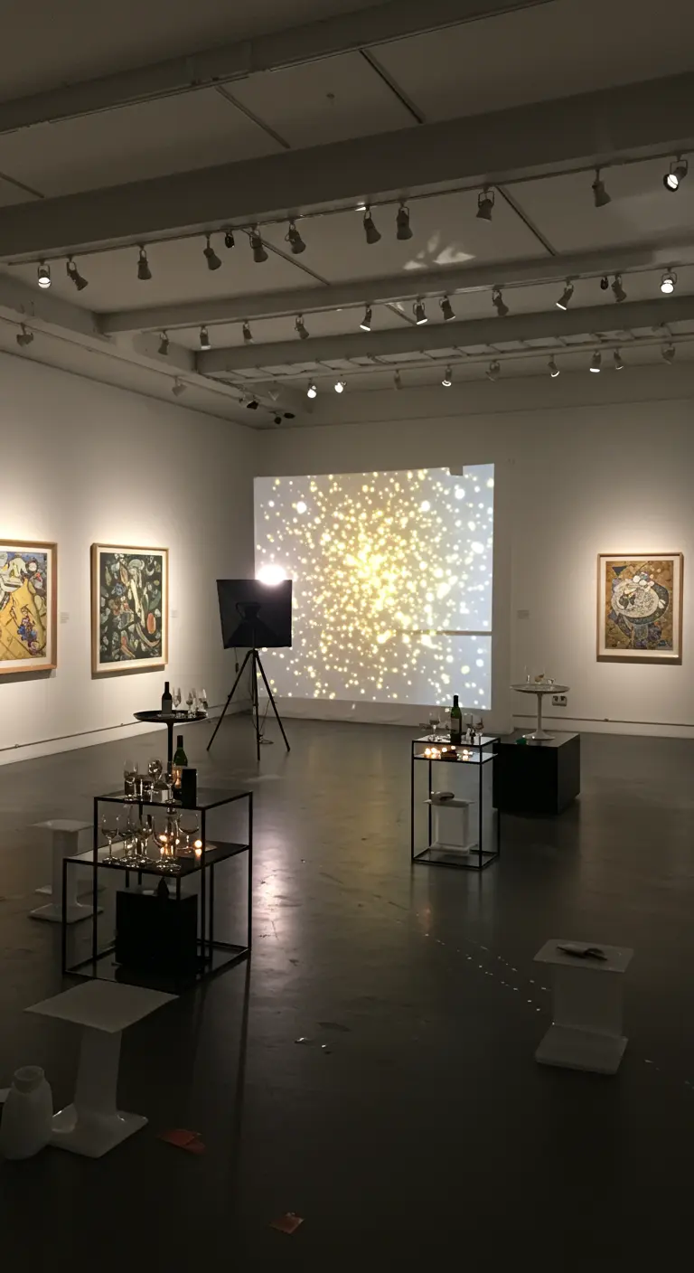 Espace de galerie d'art moderne avec une projection de lumières dorées sur le mur.
