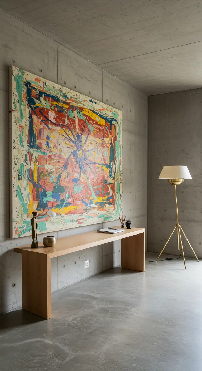 Console en bois devant un mur en béton sur lequel est accrochée une grande toile colorée.