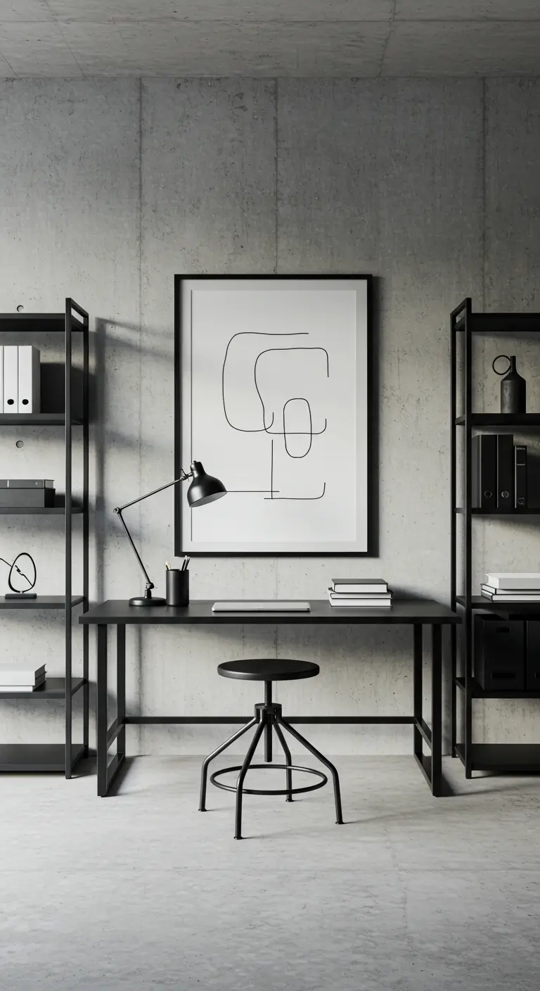 Bureau entièrement noir avec des étagères assorties devant un mur en béton et une grande affiche.