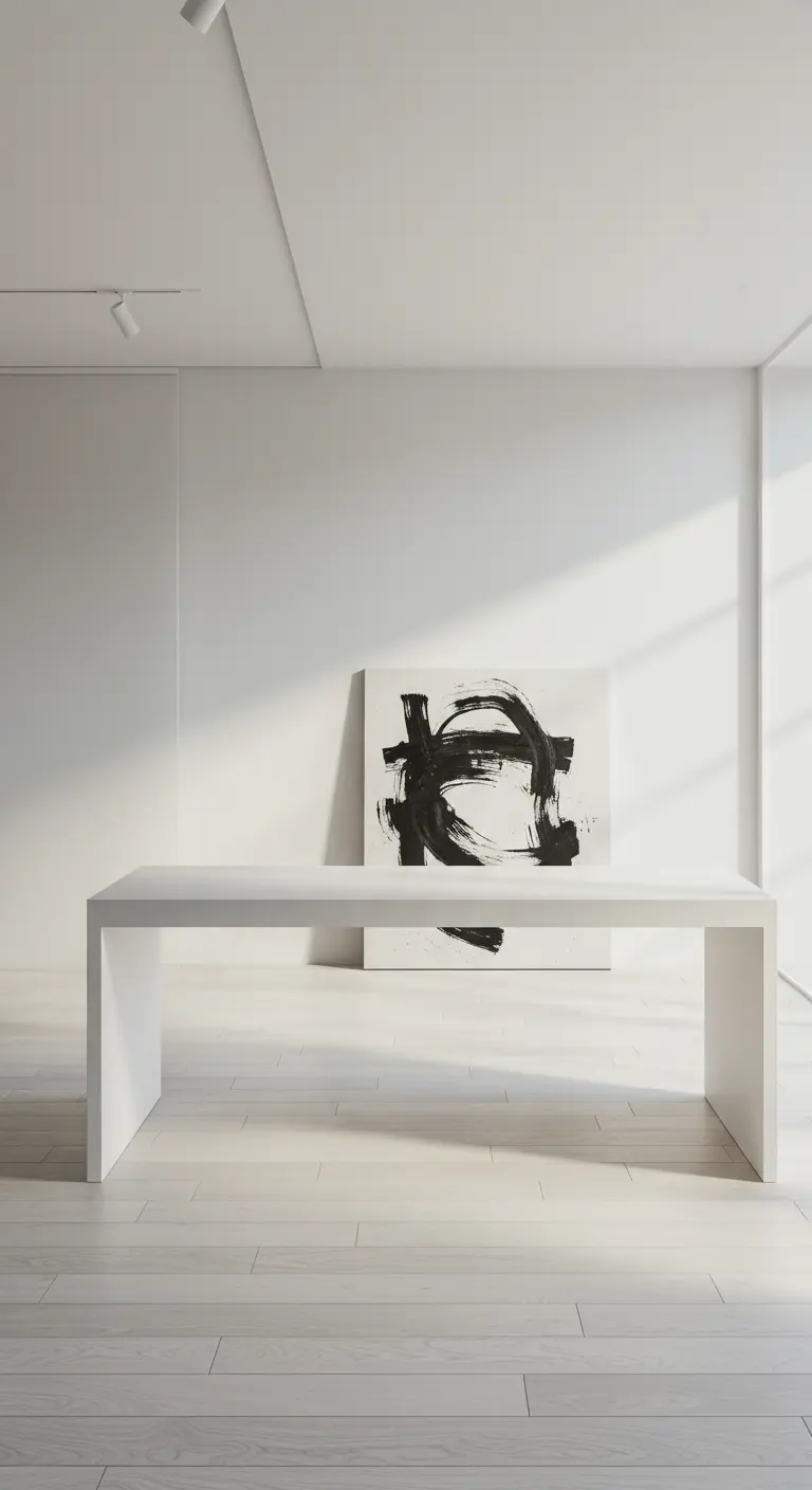 Bureau-bloc blanc minimaliste dans une pièce blanche, avec une grande toile abstraite posée au sol.