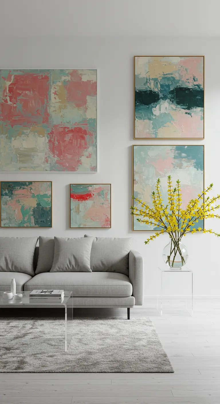 Salon avec un mur de cadres abstraits et un vase de forsythia jaune