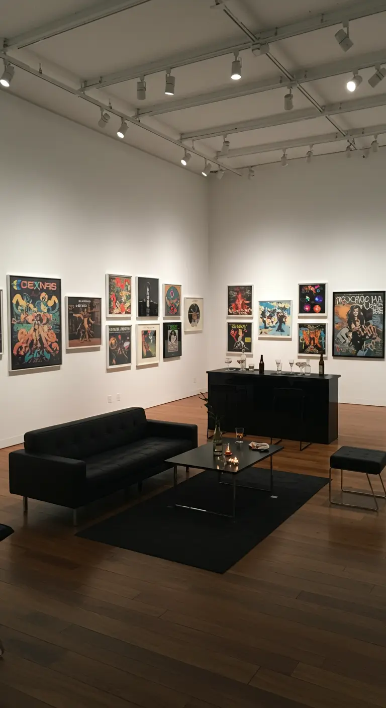Salle de style galerie avec des affiches de rock encadrées.