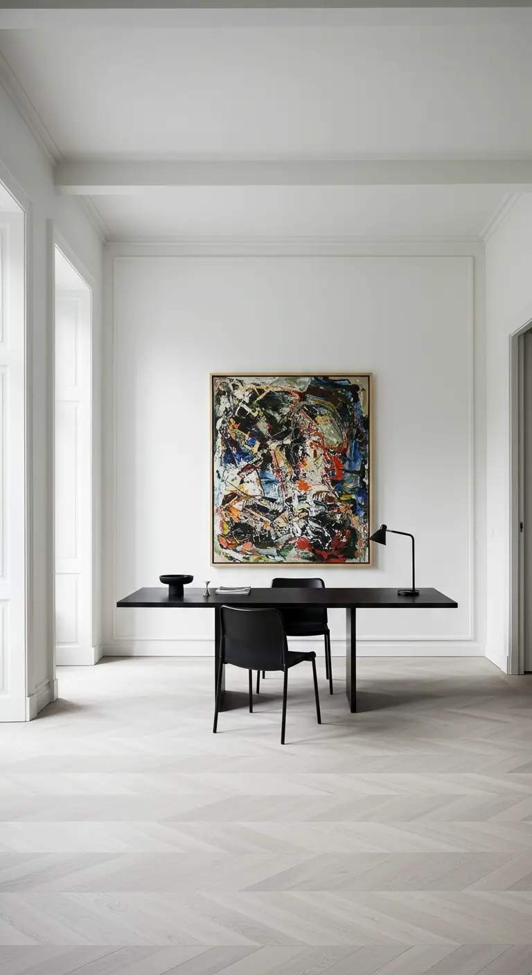 Grand bureau noir minimaliste dans une pièce blanche avec un tableau abstrait.