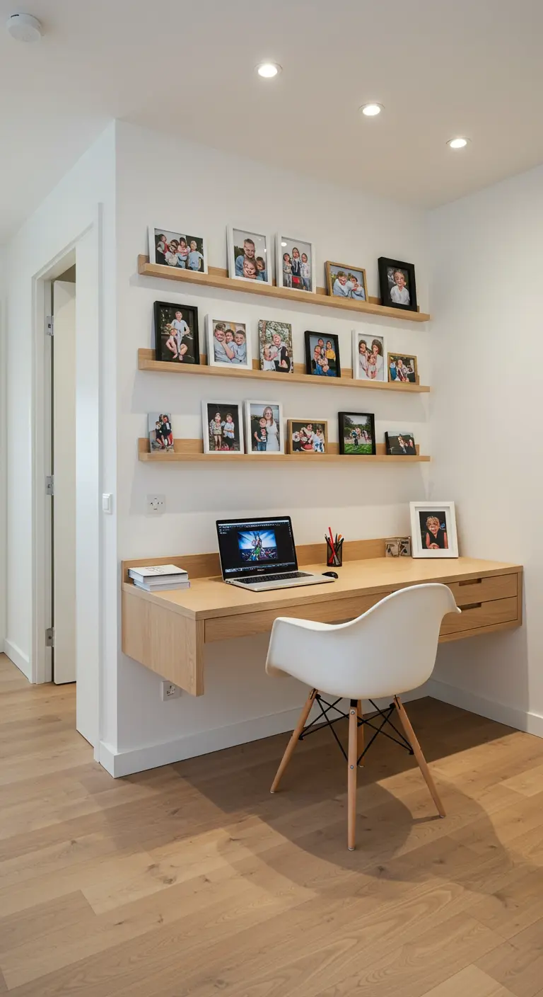 Bureau flottant en bois clair sous des étagères murales exposant des photos de famille.