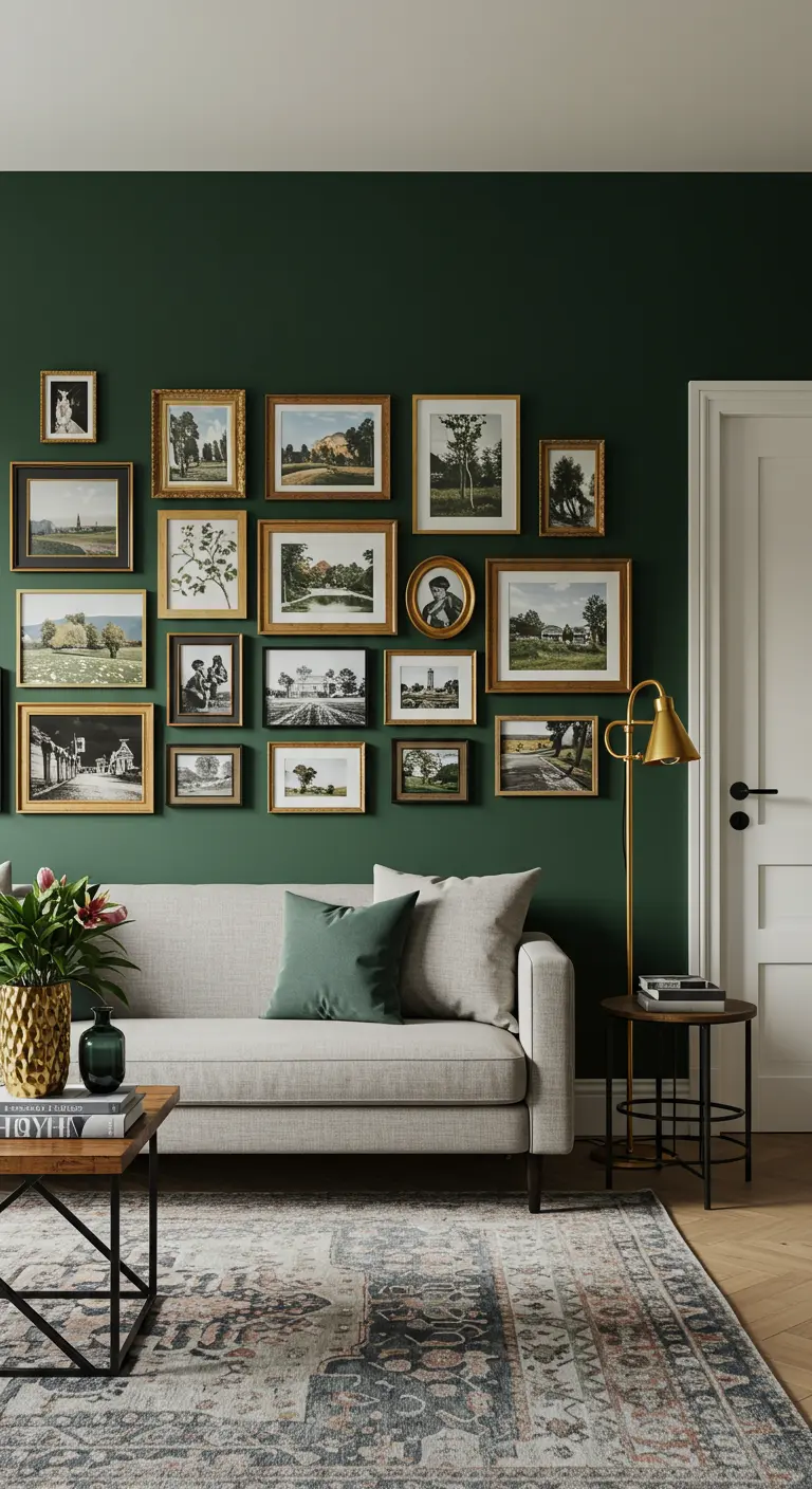 Un mur vert foncé couvert d'une collection de tableaux de paysages dans des cadres variés.