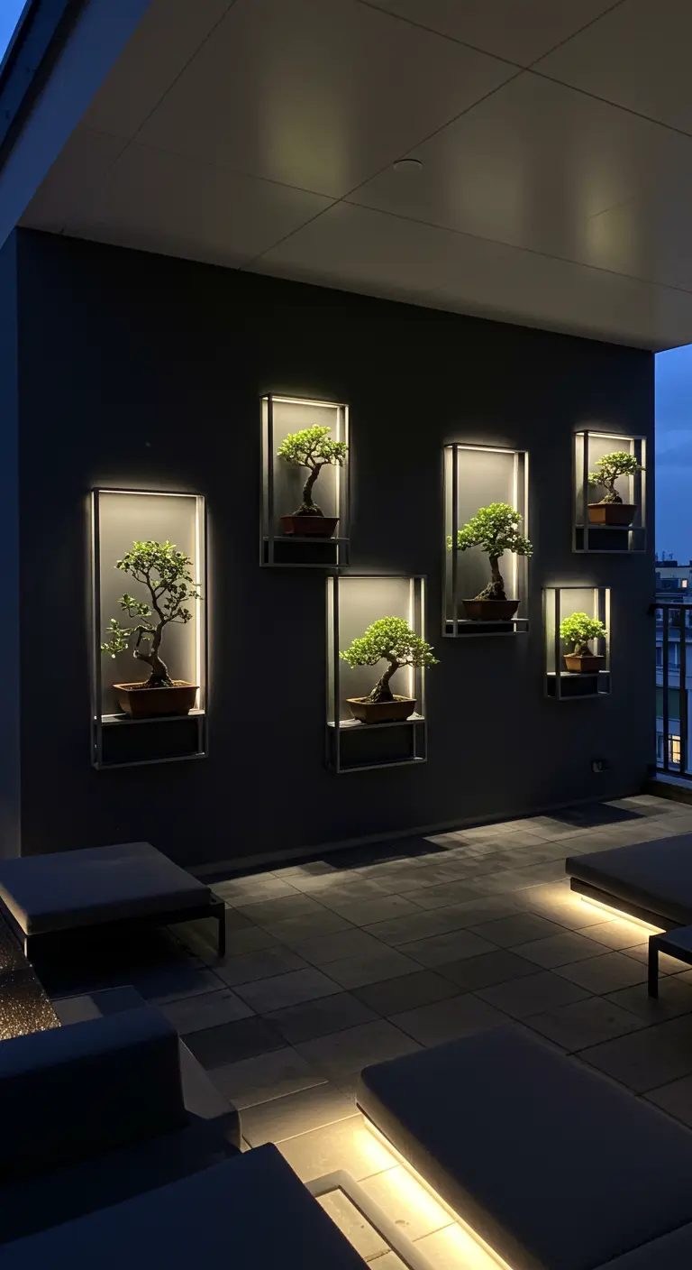 Bonsaïs dans des niches murales illuminées sur un balcon moderne.