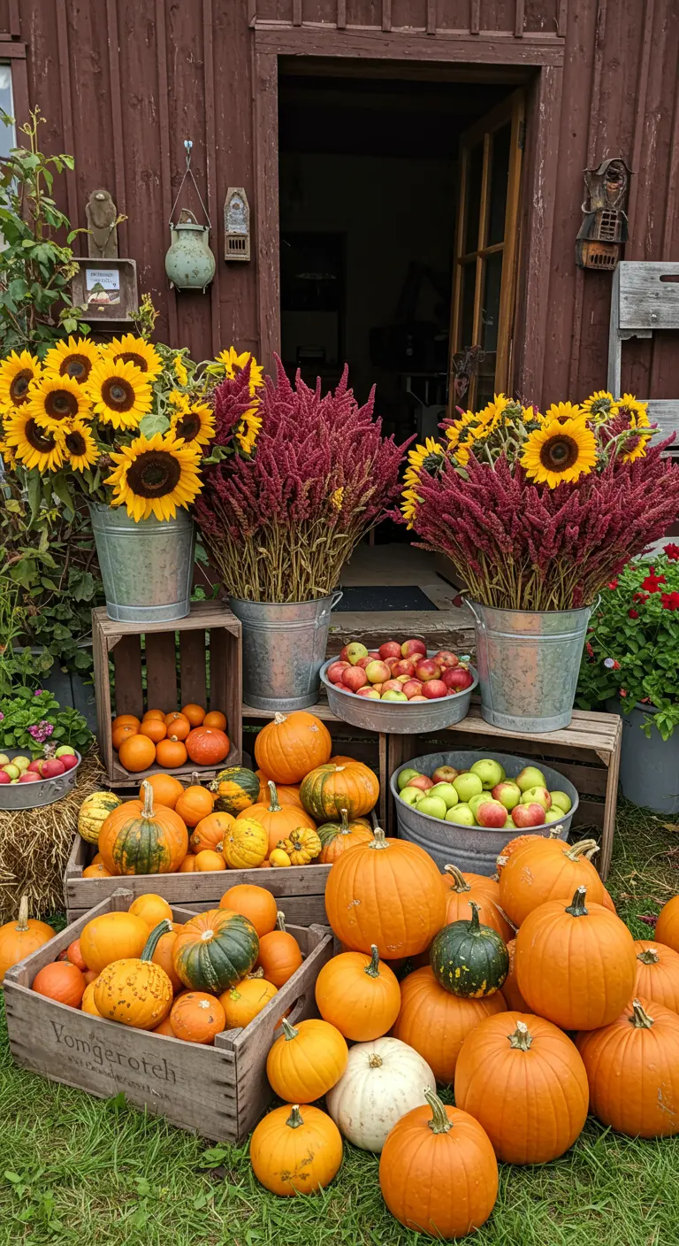 Scène de récolte abondante avec citrouilles, pommes, tournesols et amarante.