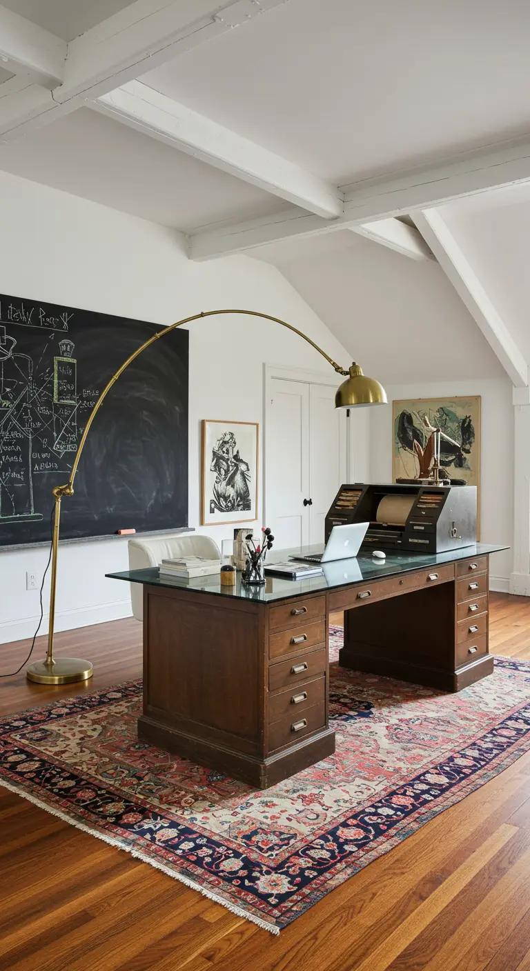 Grand bureau en bois sous un lampadaire arqué en laiton, avec un tableau noir au mur.