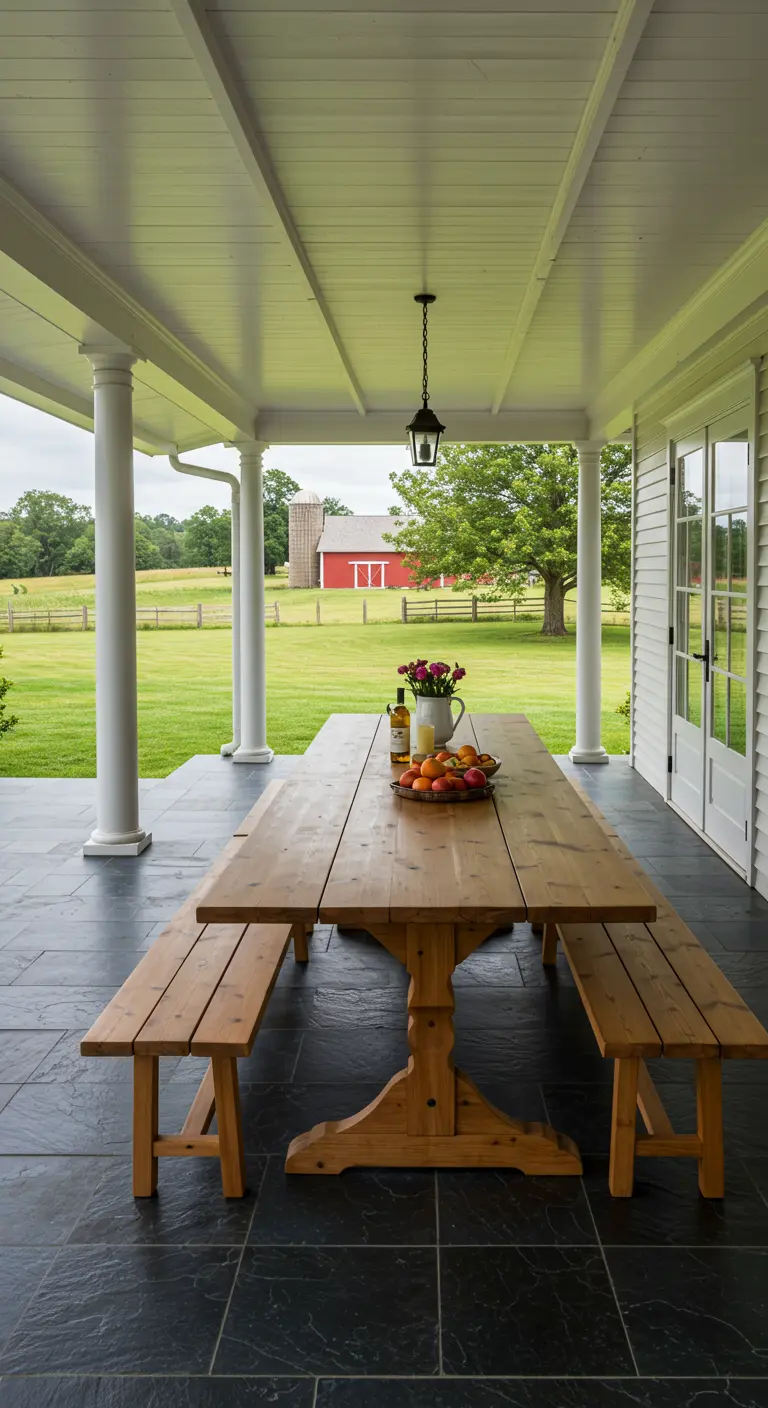 Longue table de ferme en bois avec des bancs sur un porche couvert.
