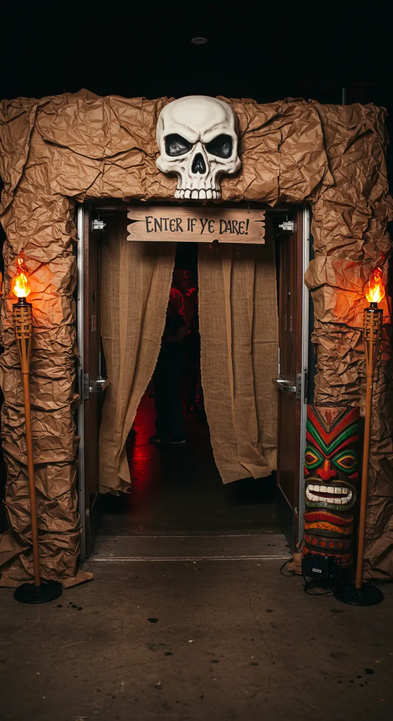 Entrée de fête pirate décorée comme une grotte avec un crâne