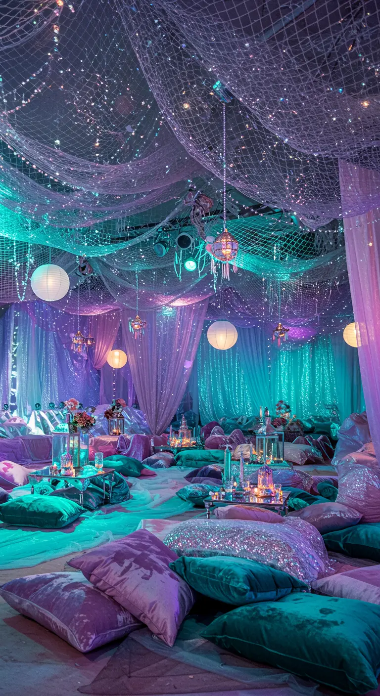 Espace de fête éclairé en turquoise et violet avec des filets et des coussins pailletés.