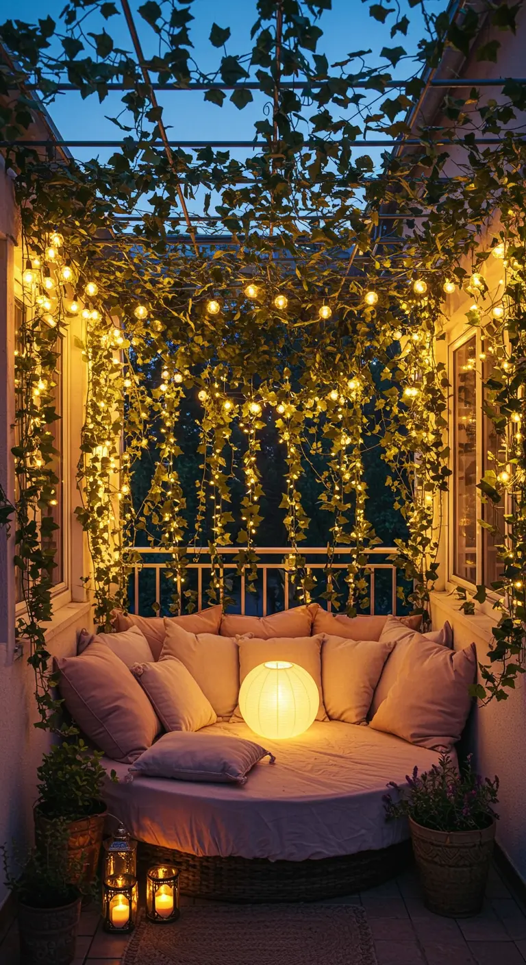Balcon entièrement recouvert de lierre et de guirlandes lumineuses avec un lit de jour