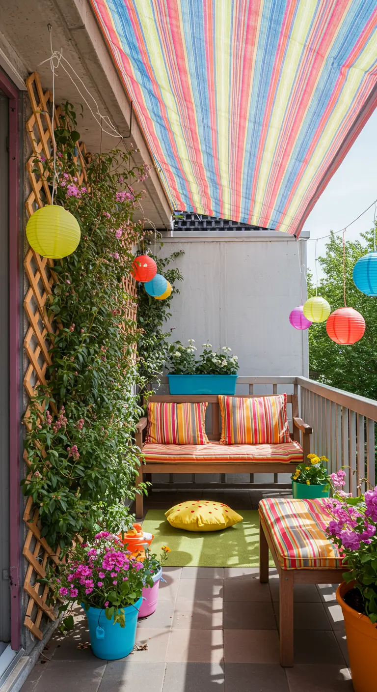 Balcon festif avec une toile rayée, des lampions colorés et beaucoup de fleurs.
