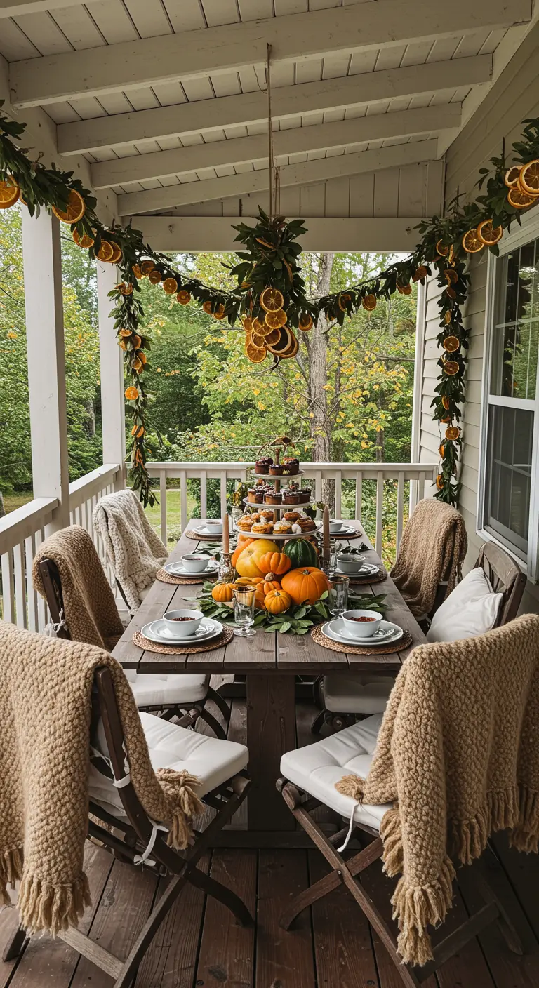 Porche d'automne avec une guirlande d'oranges séchées et des citrouilles.