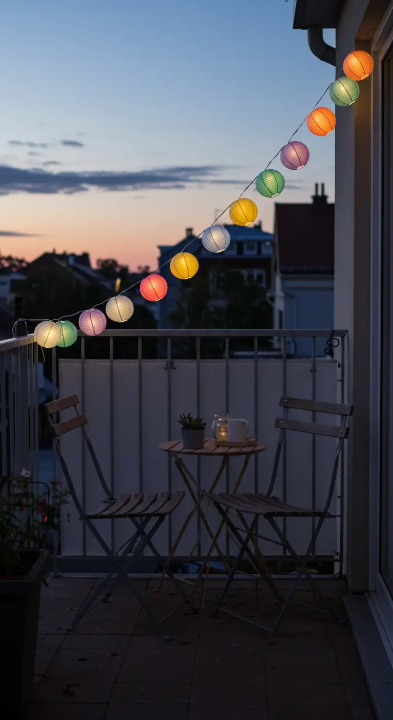 Guirlande de lampions boules colorés tendue sur un petit balcon de ville.
