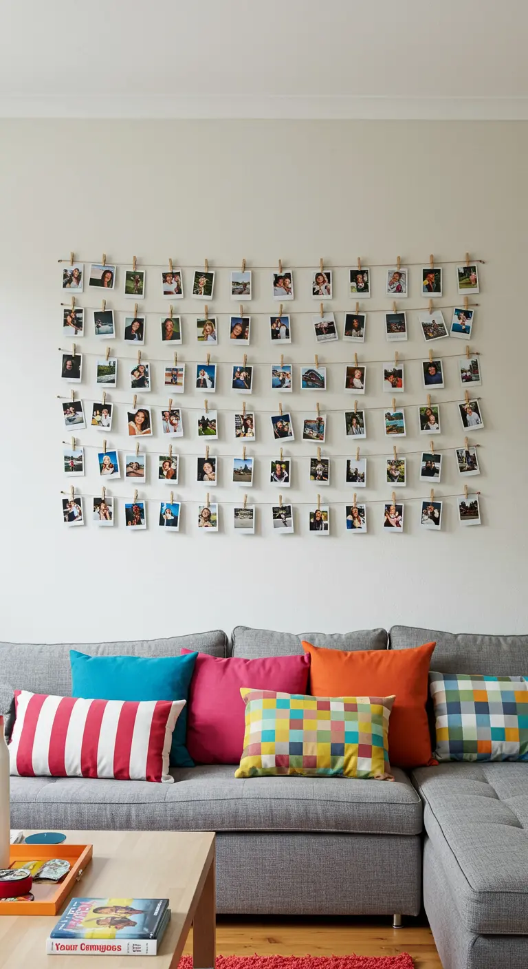 Plusieurs rangées de photos de type Polaroïd suspendues à des ficelles avec des pinces à linge.