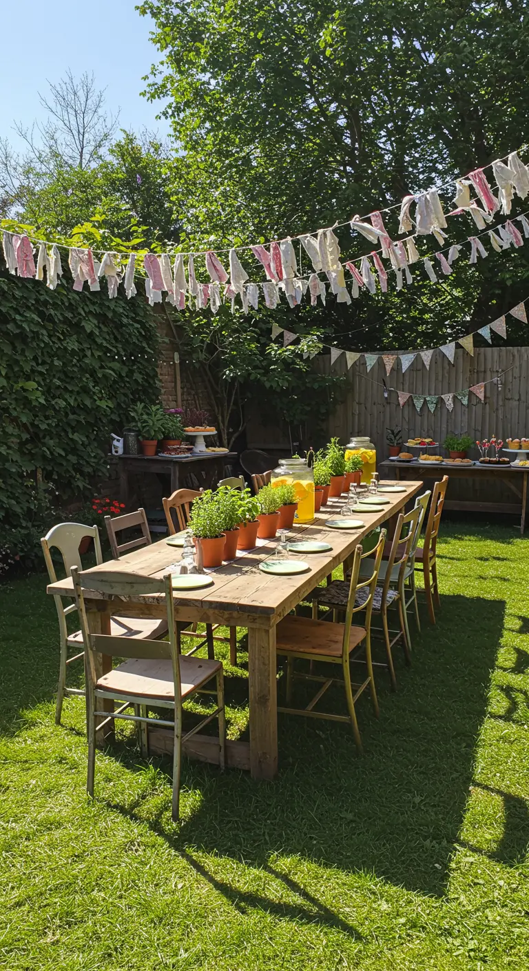 Table de fête en bois dans un jardin verdoyant avec des guirlandes en tissu.