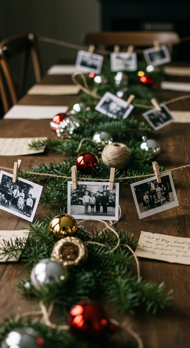 Guirlande de photos de famille en noir et blanc suspendue au-dessus d'un chemin de table en sapin.