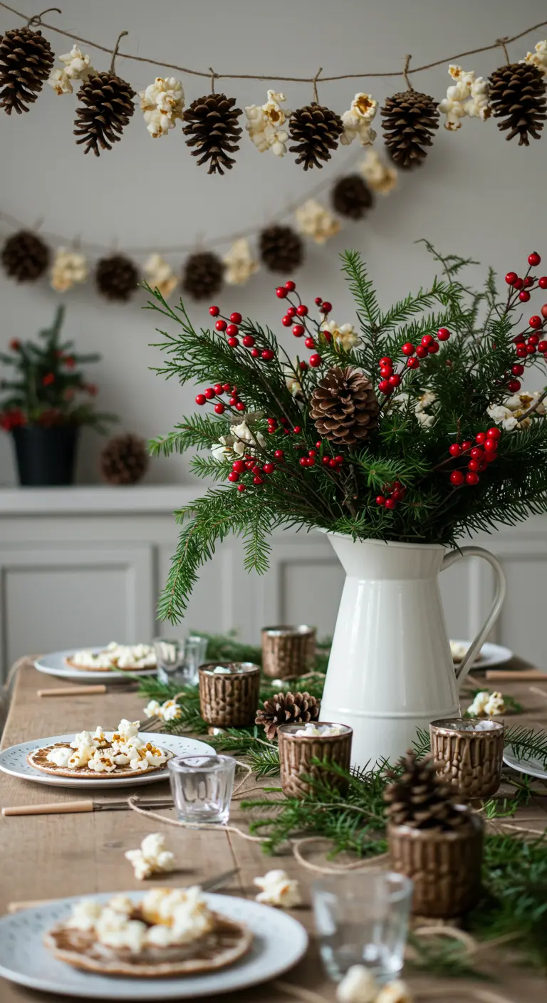 Déco de table hivernale avec guirlande de pop-corn et pommes de pin.