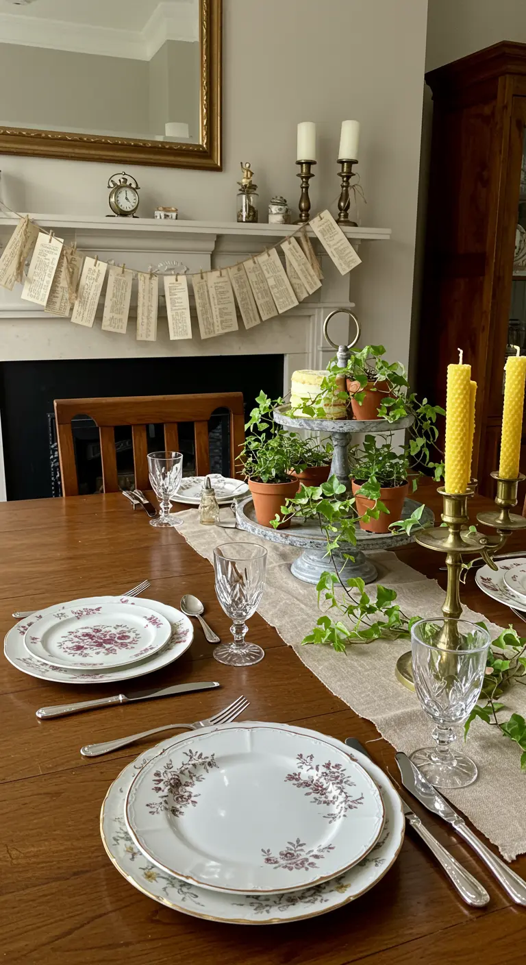 Table vintage avec une guirlande faite de pages de livre et des bougeoirs anciens.