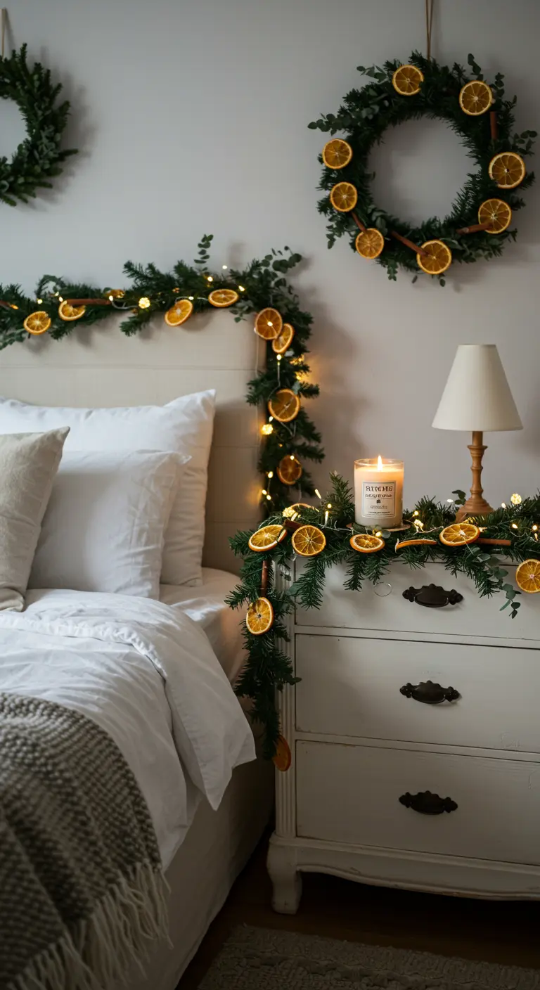 Chambre à coucher décorée d'une guirlande de sapin et d'oranges séchées au-dessus du lit.