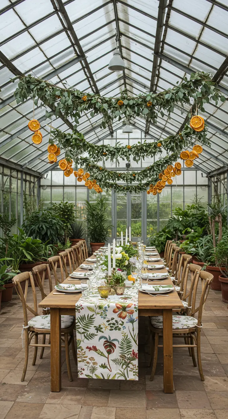 Longue table de fête dans une serre sous des guirlandes de feuilles et d'oranges.