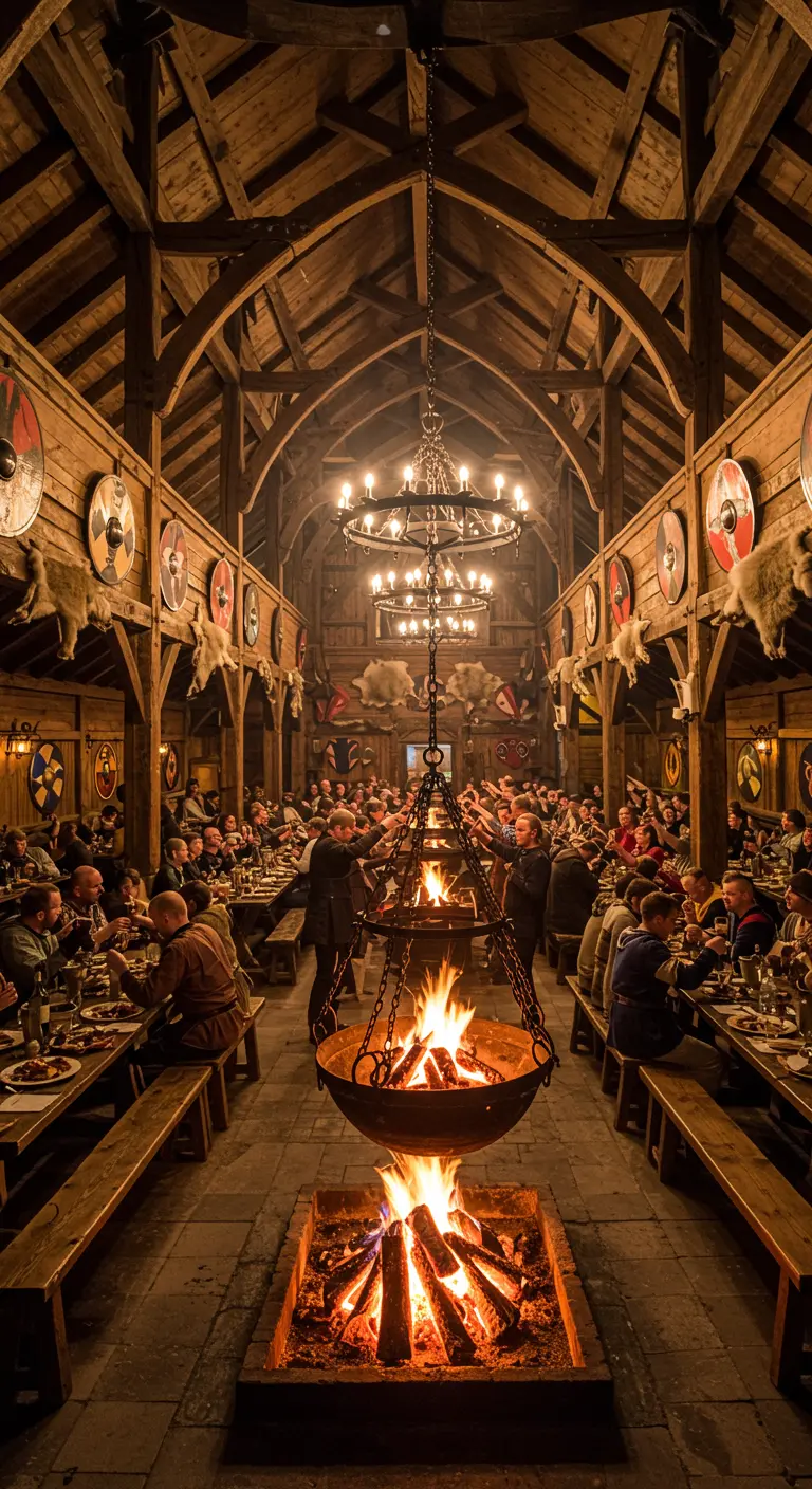 Grande salle de banquet viking en bois avec un foyer central et des boucliers.