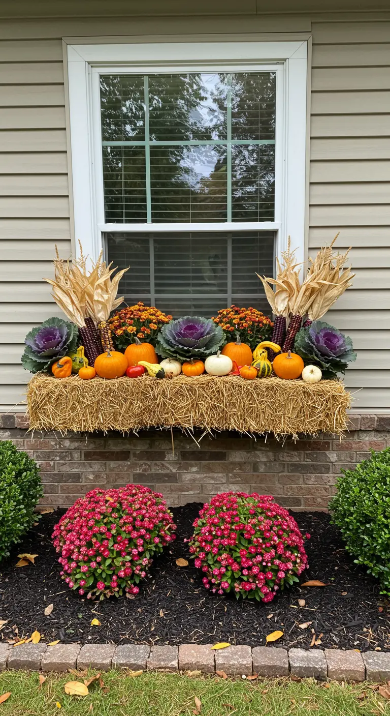 Une botte de paille sous une fenêtre, décorée de choux, citrouilles et maïs.