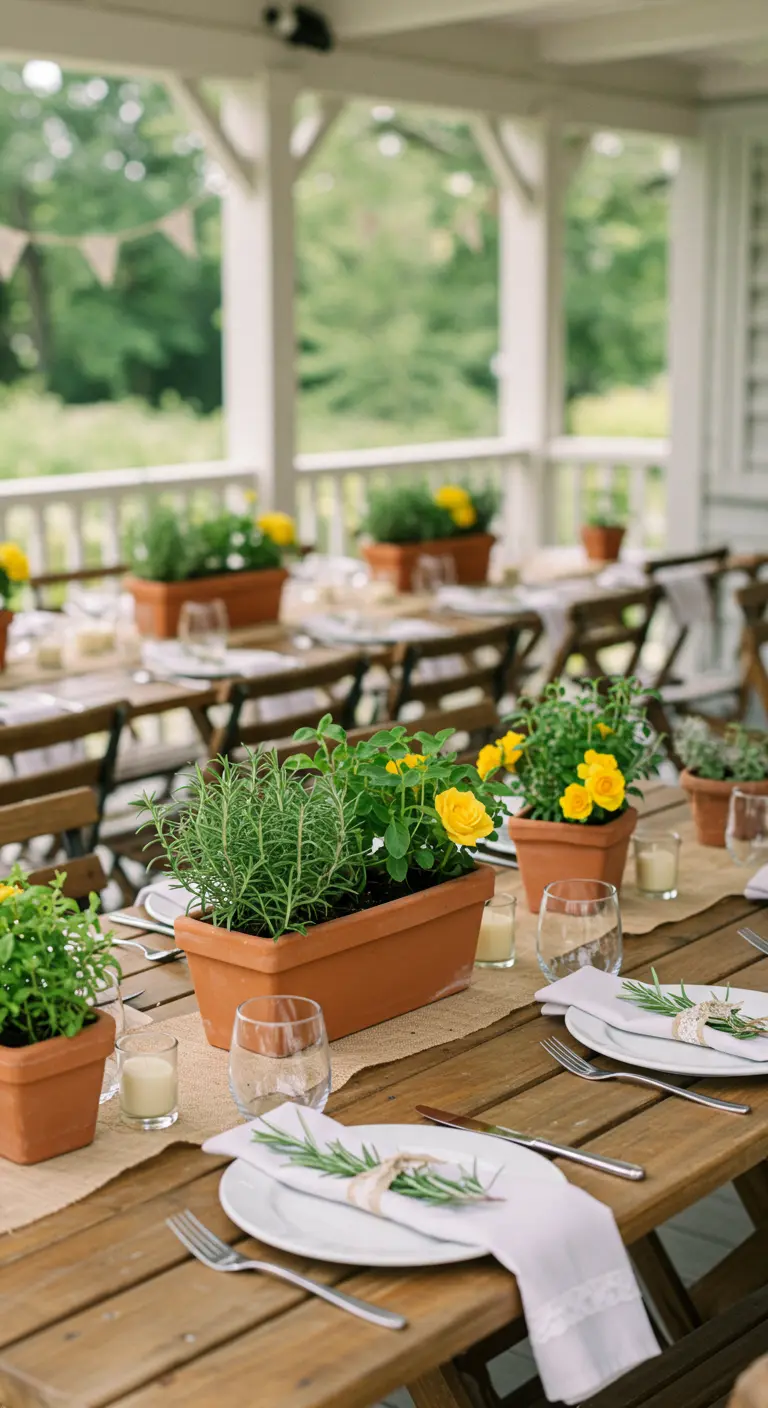 Jardinières en terre cuite avec herbes aromatiques et fleurs jaunes sur une table en bois.
