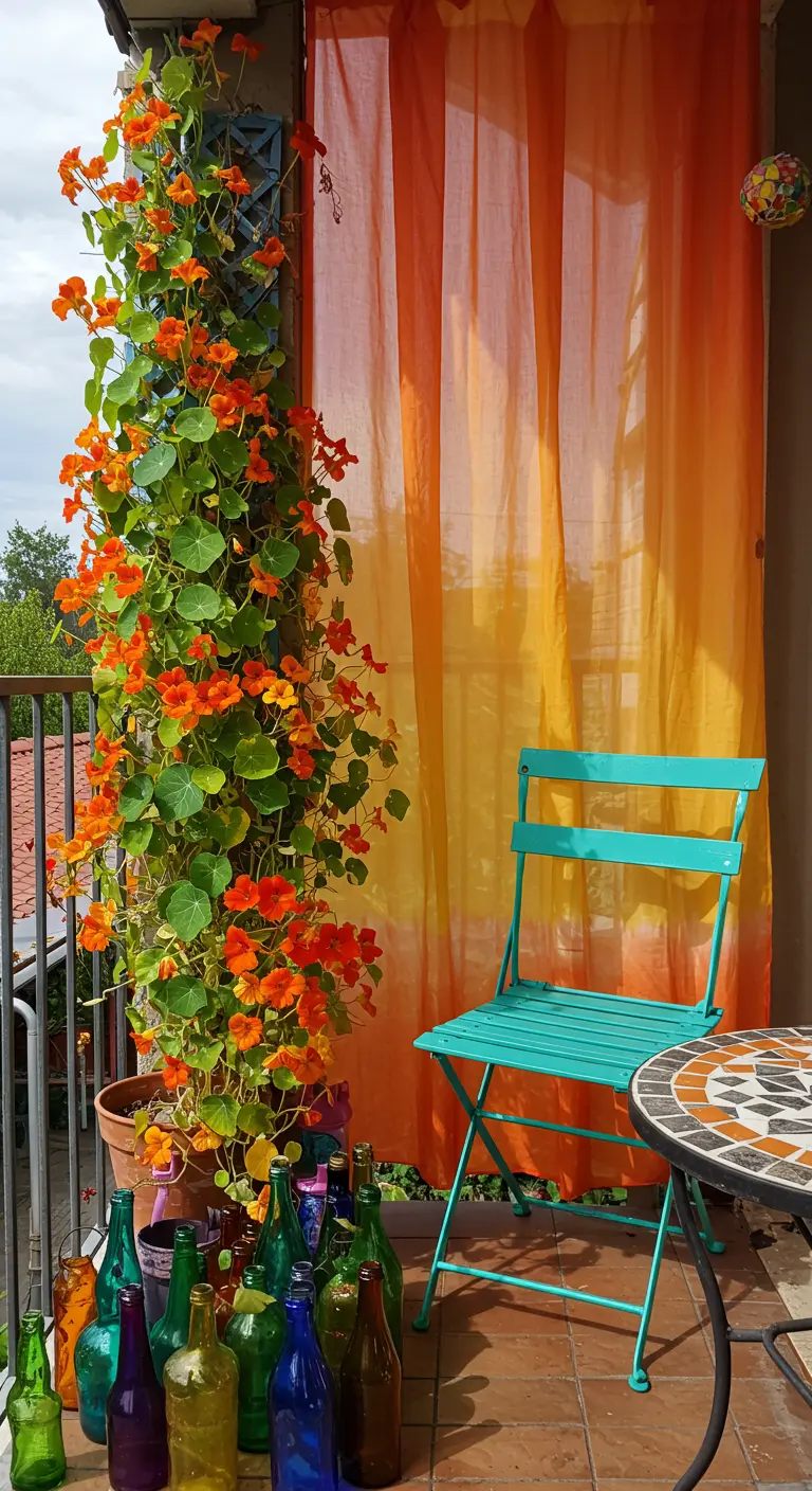 Balcon coloré avec des capucines grimpantes, une chaise turquoise et des bouteilles en verre.